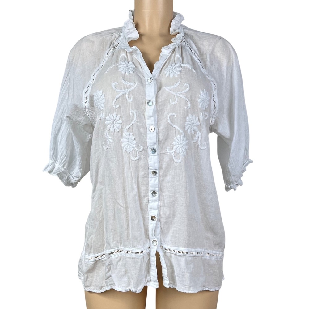 JP and Mattie Blouse Womens XL White Cotton Embroidered Boho Ruffle Peasant Top